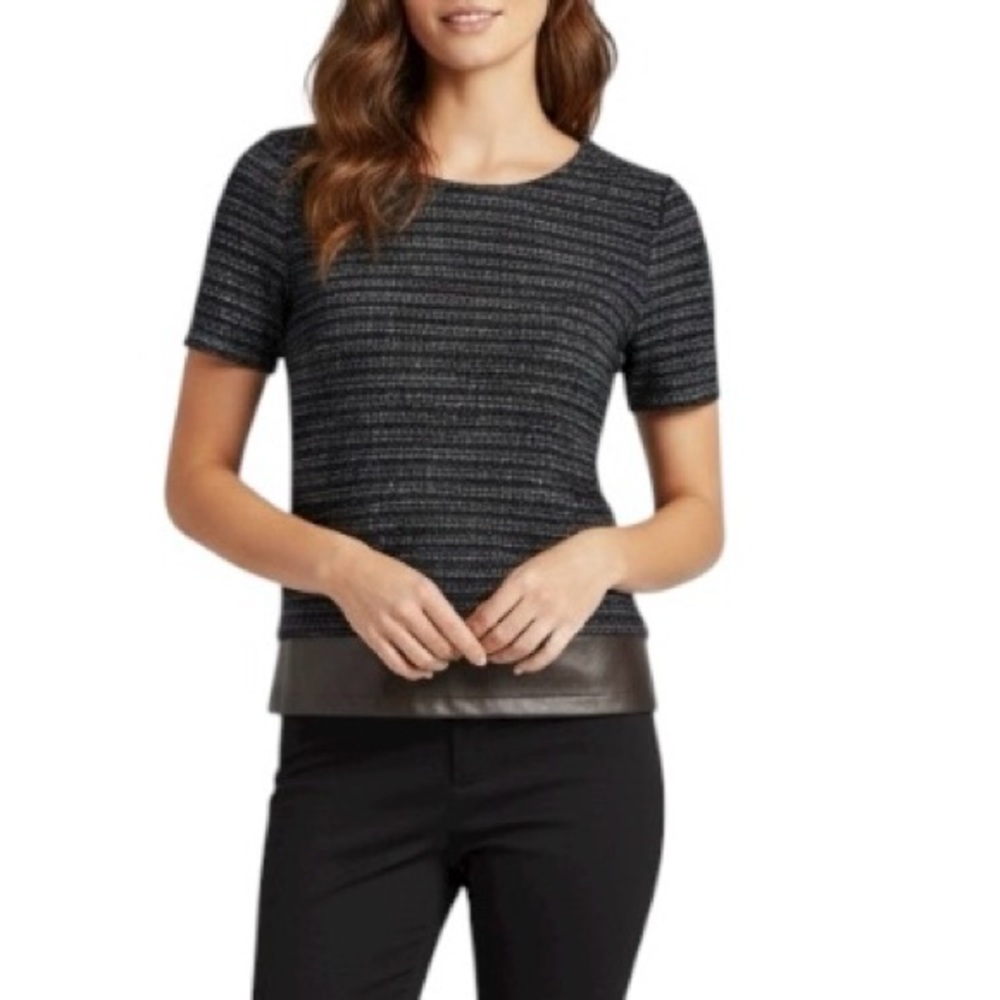 Tart Metallic Tweed Faux Leather Trim Back Zip Top Blouse Blue Black XS